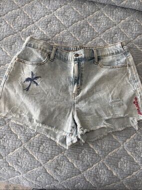 aerie Light Wash Denim Shorts with Navy Palm Embroidery
